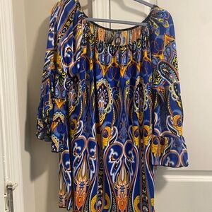 Voll Boutique Elegant Blue Yellow Paisley Blouse Top Stretch 2X